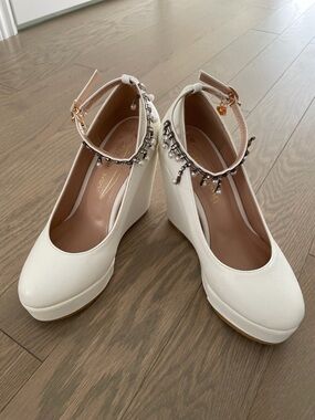 White Women's Platform Wedge Heels with Ankle Pearl Strap